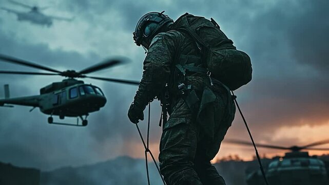 Soldier rappelling from helicopter against a dusk sky and mountainous background