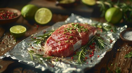 Uncooked meat seasoned with herbs and lime, wrapped in foil on a wooden surface, detailed view