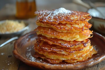 Tasty thin pieces of newly baked pie filled with powdered sugar. Aerial view of a vertical display