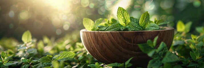 Bowl filled with fresh mint leaves, ideal for summer beverages. Herb still life capturing refreshing ingredients for drinks
