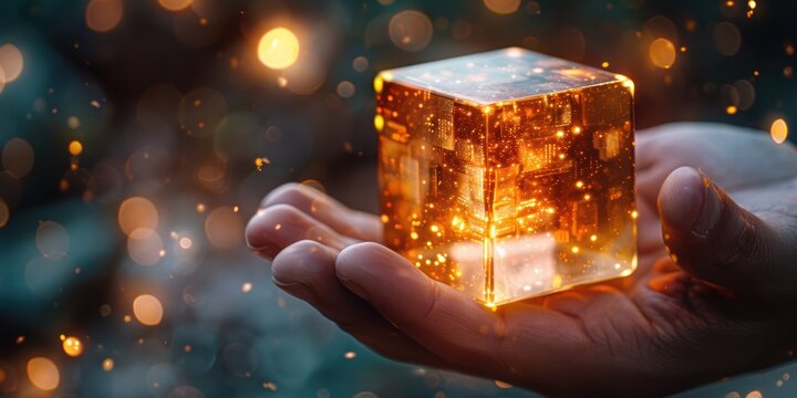 Hand grasping luminous blocks. Concept of creativity and innovation