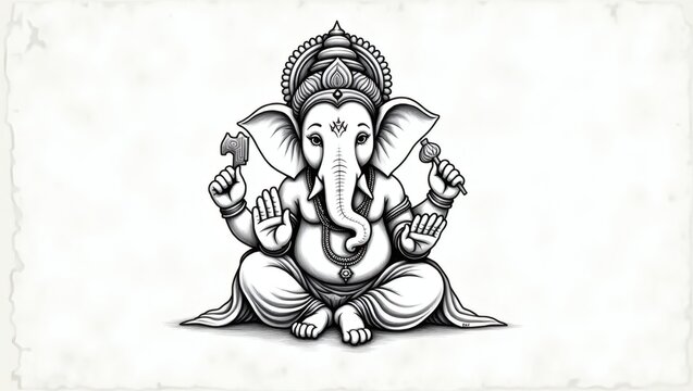 Intricate Line Art Drawing of Lord Ganesha with Traditional Iconography &ndash; Fine Pen Detailing, Four Arms Holding Modak, Ankus, Pasha, and Broken Tusk on Clean White or Light Parchment Background

