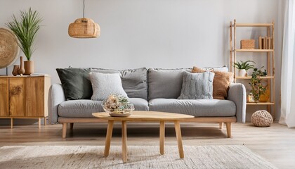 wooden furniture and grey scandinavian sofa with pillows in beautiful living room interior