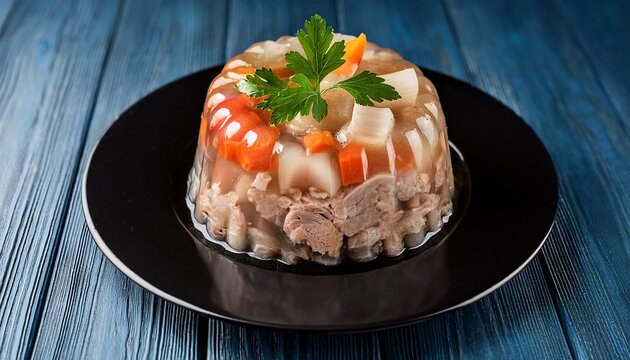 pihtije serbian traditional dish aspic with pork meat and vegetables meat jelly holodets pihtija or galareta on black plate