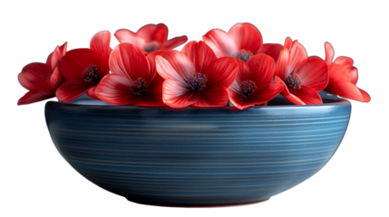 Artificial red flowers in striped blue ceramic bowl. Transparent PNG. modern floating floral decor for home or 3D rendering