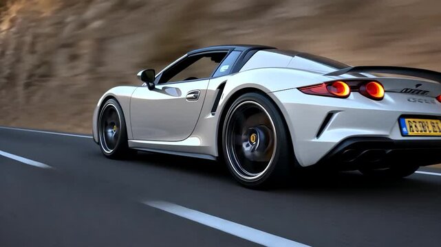 A sleek white sports car speeding on a highway with blurred background of a mountain and a side view showcasing the car's design