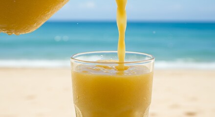 Juice Pouring Into Glass on Beach