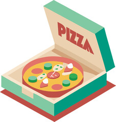 Isometric Illustration: Delicious Pizza in Open Cardboard Box, Vibrant Colors, Flat Design Style