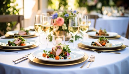 Elegant Outdoor Dinner Party: Gourmet Meal, White Wine, and Golden Table Setting
