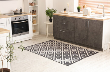 Interior of light kitchen with counters and carpet