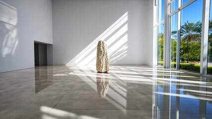 A sunlit modern art gallery interior featuring a stone sculpture reflective marble floor and large windows showcasing an outdoor view. Clean architectural lines create a spacious environment - Powered by Adobe