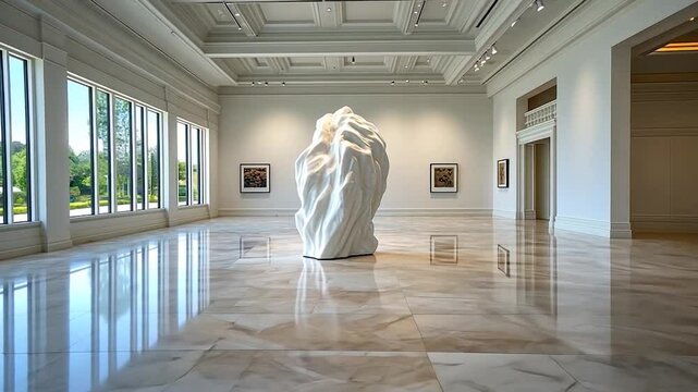 An interior shot of a modern art museum gallery featuring a large abstract white sculpture a marble floor and large windows