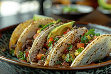 Delicious tacos featuring meat, fried fish, avocado, cilantro, cheese, fresh salsa, lettuce, and lime. A popular choice, served on homemade corn tortillas