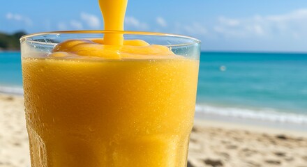 Orange Smoothie Pouring Into Glass on Beach