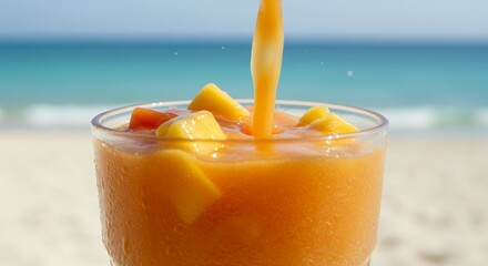Smoothie Pouring Into Glass on Beach