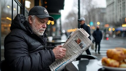 Elderly man reads newspaper outside a cafe with blurred background of people and street on a cloudy day. Includes croissants and outdoor seating - Powered by Adobe
