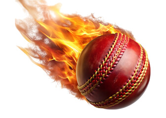 Red cricket ball with golden stitching engulfed in flames isolated on a transparent background sports