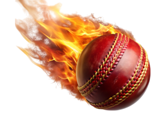 Red cricket ball with golden stitching engulfed in flames isolated on a transparent background sports