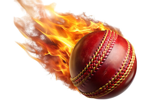 Red cricket ball with golden stitching engulfed in flames isolated on a transparent background sports - Powered by Adobe