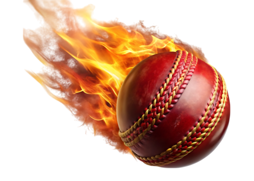 Red cricket ball with golden stitching engulfed in flames isolated on a transparent background sports