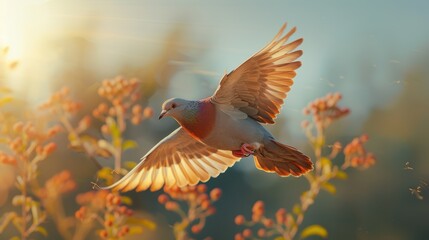 A Eurasian Collared Dove in flight at eye level against a simple light blue sky