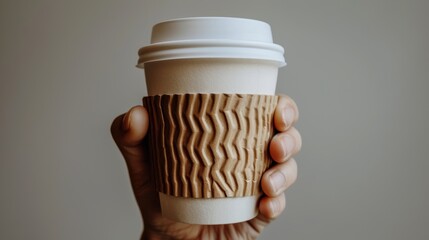 Representation of a male hand grasping a disposable coffee cup on a light grey backdrop