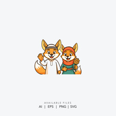 Cute Muslim Fox Couple Cartoon Logo, Adorable Arabic Fox Characters Vector Illustration, Charming Islamic Fox Couple Graphic Design