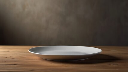 A minimalistic image of an empty plate placed on a wooden table