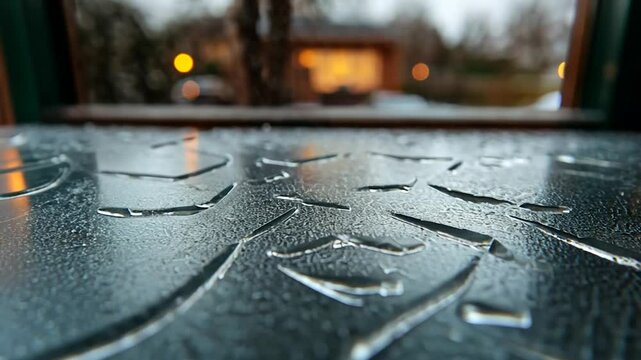 Close-up shot of a wet glass surface with embossed patterns reflecting a blurred background of a house interior at dusk capturing the essence of raindrops and atmospheric lighting