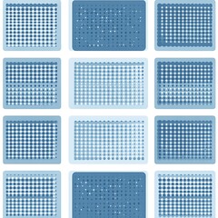 A repeating pattern of squares with halftone circles in shades of blue.