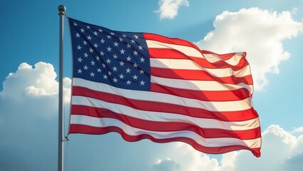 Realistic American Flag Waving in the Wind Under Bright Blue Sky with Soft Clouds and Golden Sunlight – High-Detail Patriotic Scene in Stunning 4K Quality