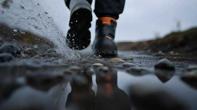 Person in hiking boots splashing through puddle of water with rocks. Water droplets. Moody, wet, overcast day. Low angle shot. Nature and outdoor theme
