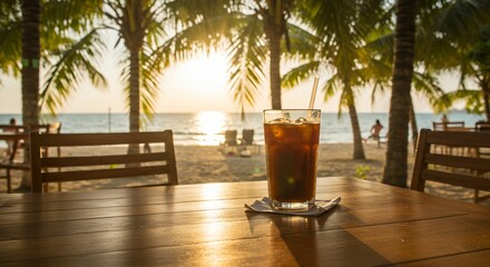 Iced Coffee on Beach Table