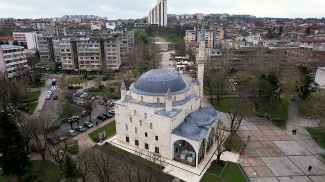 Aerial view of mosque and urban landscape, Bulgaria.