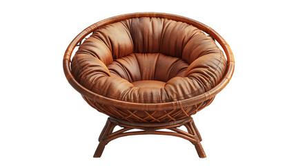 Real effect of plush cushion texture on rattan chair. Round papasan chair with tufted brown padding Transparent PNG.  Ideal for interior design, furniture catalogs, and comfort lifestyle promotions.