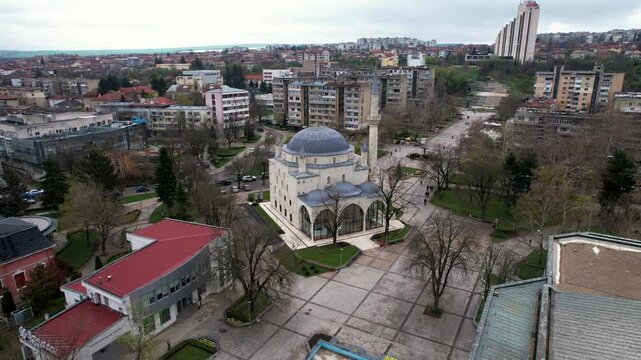 Aerial view of Ibrahim Pasha Mosque and cityscape, Bulgaria.