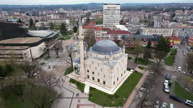 Aerial view of Ibrahim Pasha Mosque and cityscape, Bulgaria.