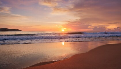 Fototapeta premium serene beach scene at sunset with gentle waves lapping against the shore reflecting warm hues of orange and pink creating a tranquil atmosphere for relaxation and contemplation
