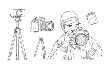 Photographer adjusting camera settings with multiple lenses and tripod. Vector Illustration