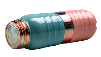 Real effect of metallic thermos bottle. Sleek dual-tone design in teal and rose gold Transparent PNG.  Perfect for product mockups, e-commerce listings, and lifestyle branding.