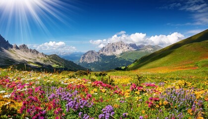 Fototapeta premium a vibrant landscape filled with wildflowers and mountains under a bright sky