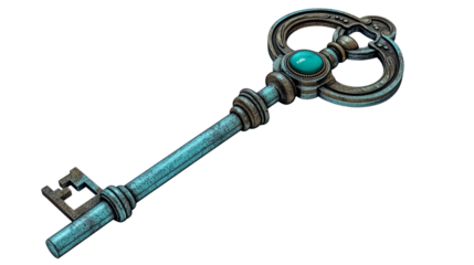 Real effect of antique turquoise skeleton key. Ornate detailing and gemstone accent Transparent PNG. Perfect for vintage themes, magical concepts, or symbolic visuals.