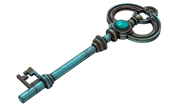 Real effect of antique turquoise skeleton key. Ornate detailing and gemstone accent Transparent PNG. Perfect for vintage themes, magical concepts, or symbolic visuals.