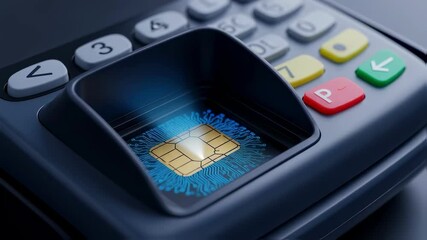 Electronic chip card inserted in pos terminal activates, illuminating blue digital pathways, symbolizing secure data transmission during payment processing - Powered by Adobe