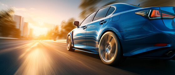 Dynamic Rear View of a Luxury Blue Sedan Speeding Through a City at Sunset. Ideal for automotive advertising, urban travel, or concepts of movement and efficiency.