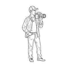Standing cameraman with DSLR camera capturing professional shots. Vector Illustration