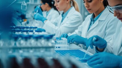 Group of scientists wearing lab coats and gloves carefully preparing vials for testing in modern laboratory, working together to develop new vaccine - Powered by Adobe