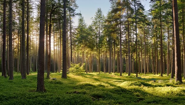 a serene forest clearing bathed in dappled sunlight with towering pine trees