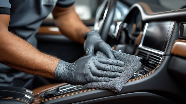 Expert Auto Detailer Meticulously Cleaning a Car's Interior. Perfect for automotive services, car care products, or professional cleaning advertisements.