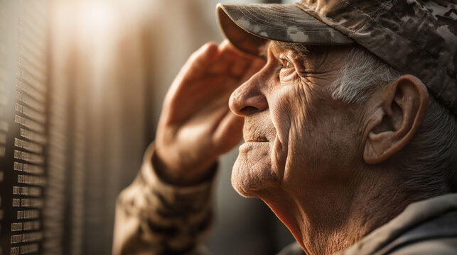 Close-Up Profile of an Older Veteran Saluting at a Memorial Wall. Ideal for Memorial Day, Veterans Day, remembrance themes, or military history.
